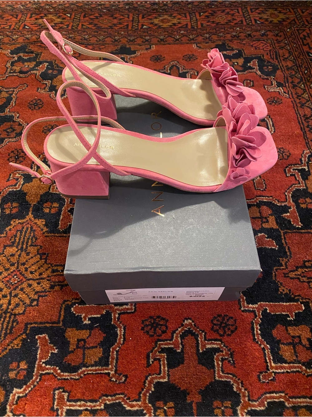 Ann Taylor Pink Floral Suede Ankle-Strap Heels - Picture 2 of 4